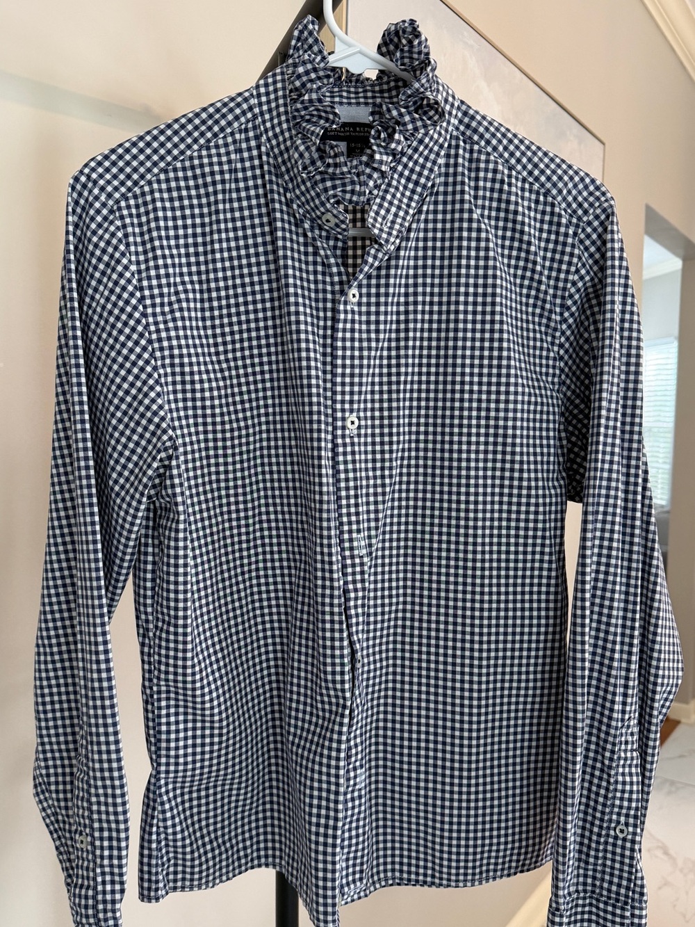 Upcycled Ruffle Collar Banana Republic Navy and White Gingham button down Shirt